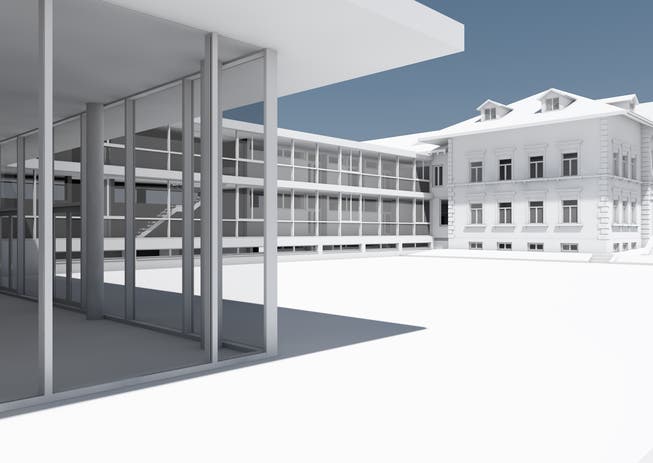 Die Visualisierung des neuen Verbindungstraktes der Primarschule ab 2019. Nebst der Aufstockung des Zwischentraktes und der Sanierung des Schulhauses soll zudem ein Doppelkindergarten gebaut werden.