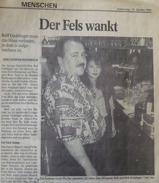 Nach 23 Jahren schliesst das "Quick Pic" 1994 Rolf und Hildegard Gnädinger schmiedeten bereits Pläne für eine neue Beiz.