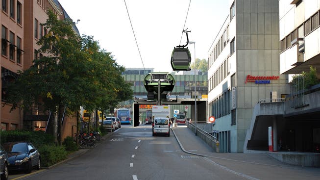 Die Stadtseilbahn würde vom oberen Bahnhofplatz aus durch die Bahnhof- und die Parkstrasse zu den Bädern hinunterfahren.Zvg