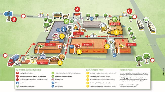 Der Lageplan der Gwerbi’ 16 rund um die Schulanlage Rüsler: 1–5 sind Restaurants, A ist der Eingang, B und C sind Ausgänge.