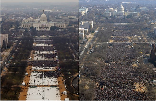 Links: Trumps Amtsantritt am Freitag, dem 20. Januar. – Rechts: Obamas erster Amtsantritt 2009.