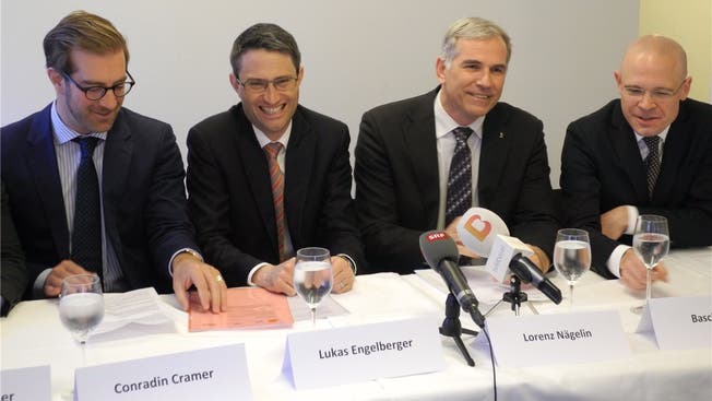 Das bürgerliche Viererticket mit Conradin Cramer (LDP), Lukas Engelberger (CVP), Lorenz Nägelin (SVP) und Baschi Dürr (FDP).