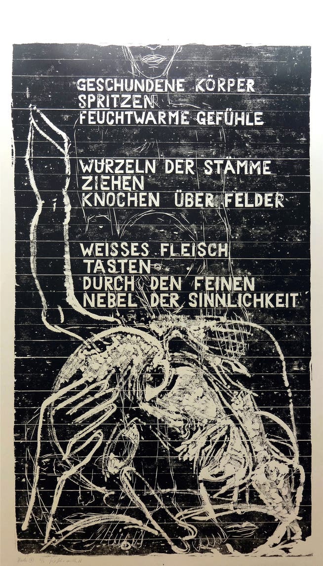 Es muss nicht immer Leinwand sein: Holzschnitte auf Riemenparkett des Ostschweizer Bildhauers Josef Felix Müller.