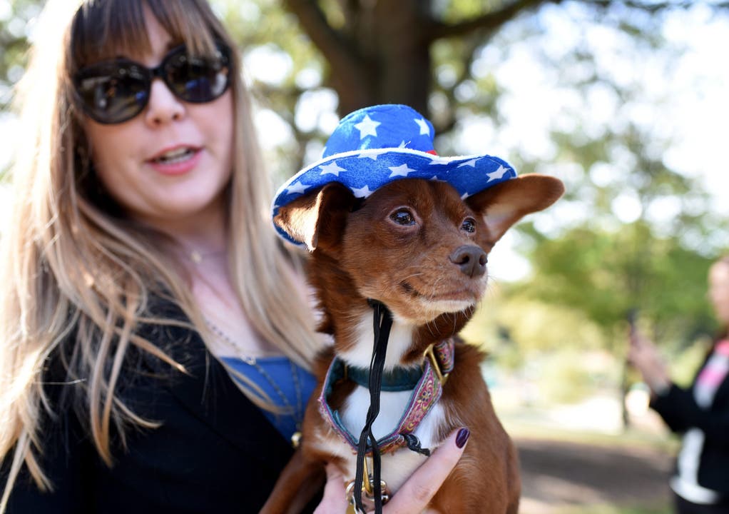 Cait Hodge hat ihren Hund Tippy in Raleigh, North Caroline dabei. Sein Anblick soll den Wählern einen stressfreien Moment bescheren.