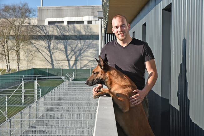 Geschäftsführer Piet Umiker überblickt mit seinem belgischen Schäferhund Eetu die Gehege der Hunde.