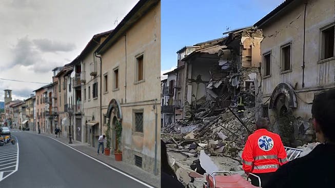 Vor und nach dem Erdbeben in Amatrice.
