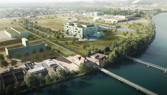 Am neu gestalteten Aareufer vor dem Neubau der Biogen soll künftig auch die nationale Veloroute zwischen Aarau und Solothurn entlangführen.