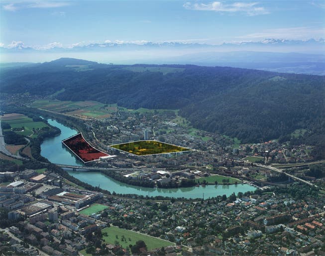 Für die Planung im Härdli (rot) soll zuerst ein Wettbewerb durchgeführt werden. Im Zentrum (gelb) ist eine Verdichtung mit Grünräumen geplant. Luftbild Schweiz/MTA