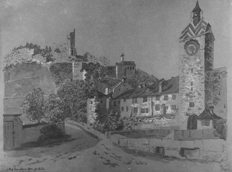 So sah es am Schulhausplatz im Juli 1814 aus. Der Abbruch des «Mellingerturms», des Oberen Tors am Cordulaplatz (damals hiess er noch Paradiesplatz), wurde 1874 wie ein Fest gefeiert. Der Durchbruch sollte Luft und Licht in die Altstadtgassen bringen.