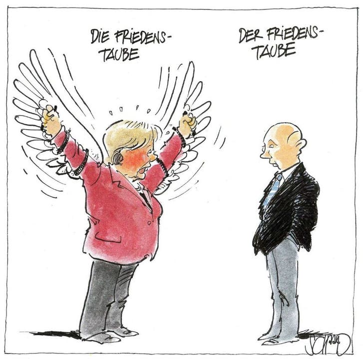 Felix Schaad mit der Karikatur «Friedenstauben» für den Tages-Anzeiger