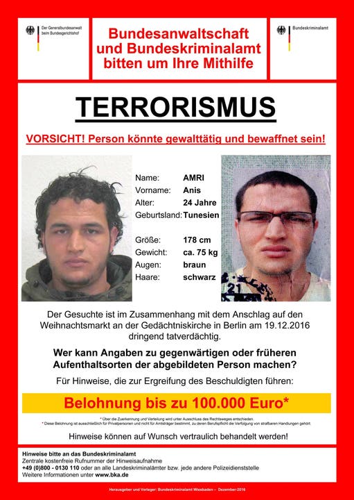 21.12.2016: Zwei Tage nach dem Terroranschlag von Berlin wird ein tunesischer Tatverdächtiger öffentlich zur Fahndung ausgeschrieben: Es handelt sich um den 24-jährigen Anis Amri. Für Hinweise wurden bis zu 100'000 Euro Belohnung ausgeschrieben.