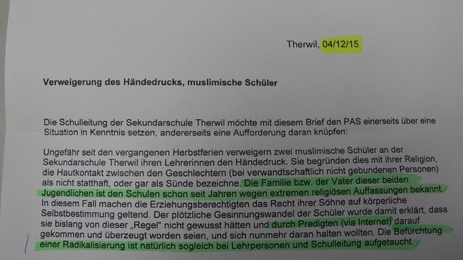 Ein Ausschnitt des Briefes an das kantonale Volksschul-Amt und den Präsidialausschuss.