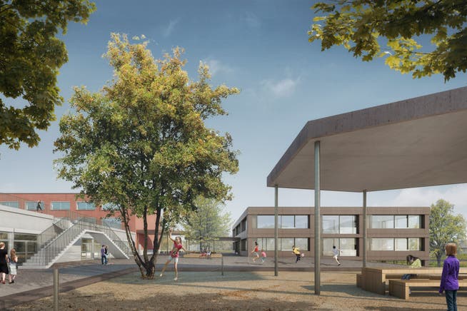 Das neue Schulhaus (rechts) wird an das bestehende Gebäude des Schulhauses Oberdorf angegliedert.