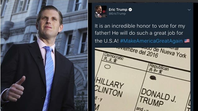 Eric Trump und sein Wahlzettel: Weil er ein Foto von diesem auf Twitter postete (was illegal ist), ist dieser ungültig.