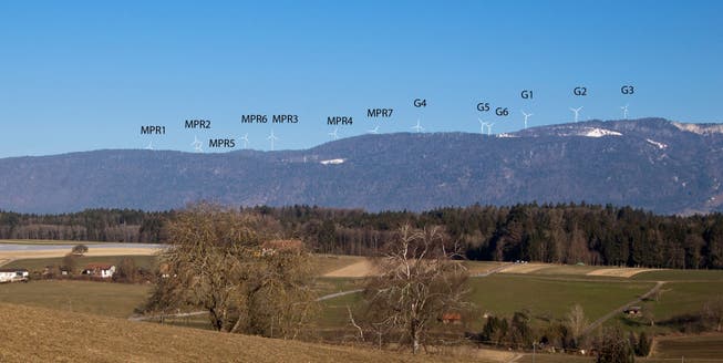 So könnte es einmal aussehen auf der ersten Jurakette: rechts (G) der Windpark Grenchenberg, links (MPR) der Windpark Montoz-Pré Richard