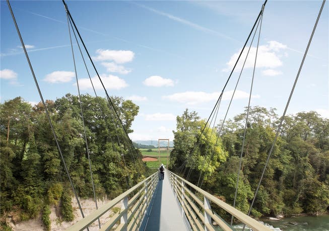 So soll die Hängebrücke zwischen Stetten und Nesselnbach aussehen. Am Ende des Bauwerks ist einer der beiden Schweinemastställe von Werner Humbel zu sehen.