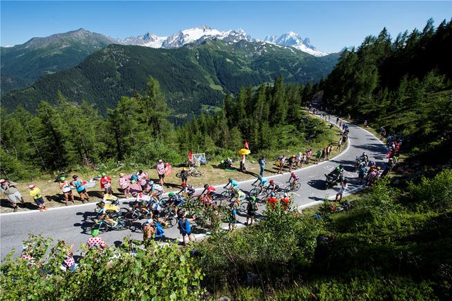 Die Fahrer der Tour de France kämpfen sich vor der wunderbaren Walliser Kulisse und unzähligen angereisten Fans den Berg hoch.Fotos: Keystone