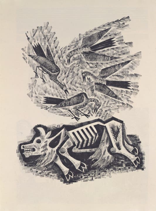 «Aasgeier über Tierkadaver in der Wüste Negev», Holzmonotypie, 1965, Walter Eglin-Museum, Känerkinden.