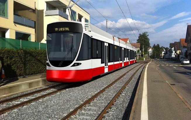 Visualisierung der möglichen neuen Tramzüge für die Waldenburgerbahn. Modell basiert auf dem Tango-Tram von Stadler, mit dem die BLT bereits unterwegs ist. Symbolbild Stadler Rail, Appenzellerbahn.
