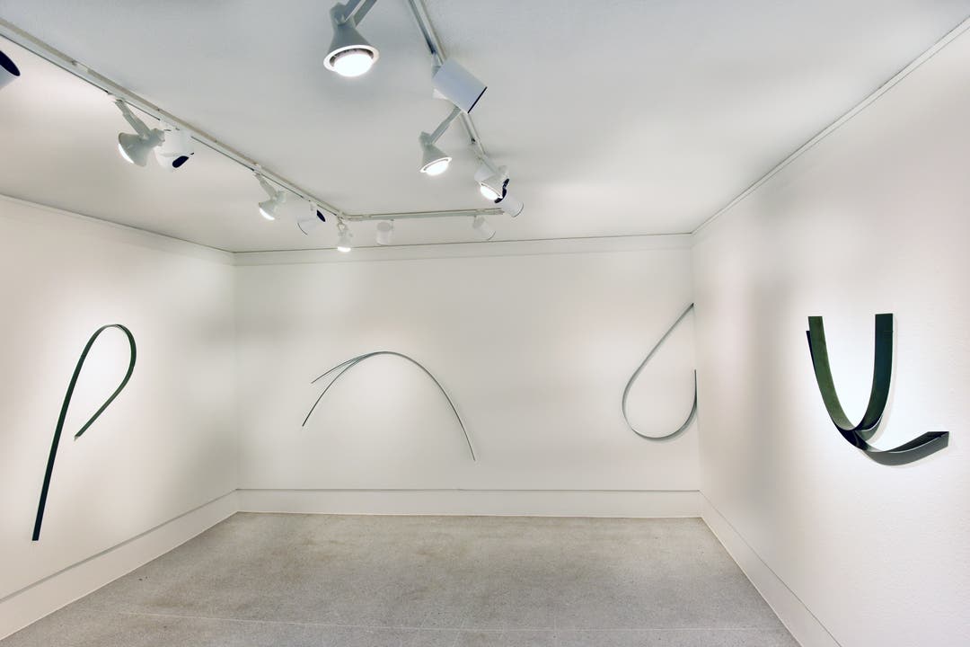 Gunter Frentzel setzt mit Federstahlbändern seine ganz eigenen Zeichnungen dem Weiss der Wände des neuen Kunstraumes des Kunstvereins Olten gegenüber.