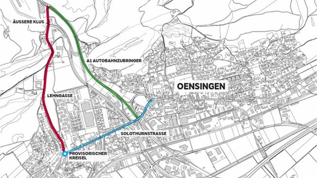 Während der Bauarbeiten am A1-Autobahnzubringer (grün) wird der Verkehr über die Lehngasse (rot) umgeleitet.
