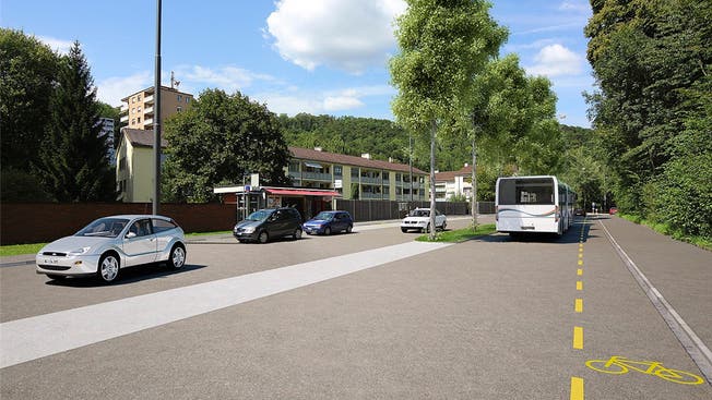 Die Visualisierung der neuen äusseren Mellingerstrasse zeigt kurz nach dem Badener Tor einen schlanken Mittelstreifen.