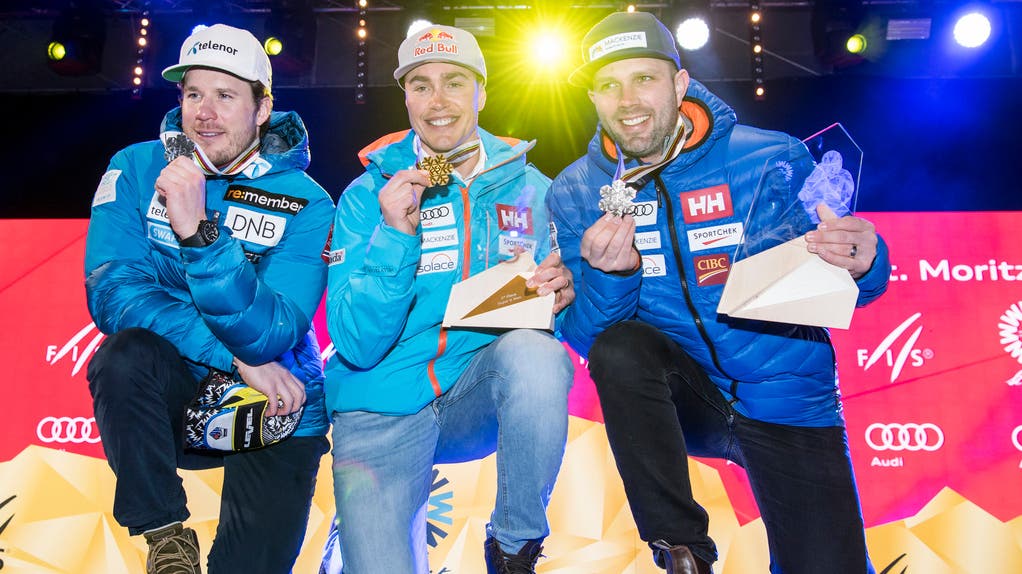 Die Medaillengewinner des Super-G auf einen Blick: Kjetil Jansrud, Erik Guay und Manuel Osborne-Paradis.