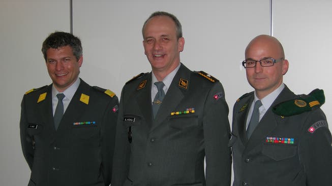Major Philippe Arnet, Präsident KOG Solothurn; Brigadier Alexander Kohli, Präsident MVG, Hauptmann Andreas Dysli, Obmann Offiziere MVG.