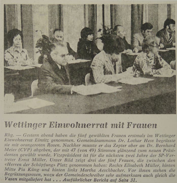 Die erste Einwohnerratssitzung mit Frauenbeteiligung im Januar 1974. (Archiv/az)