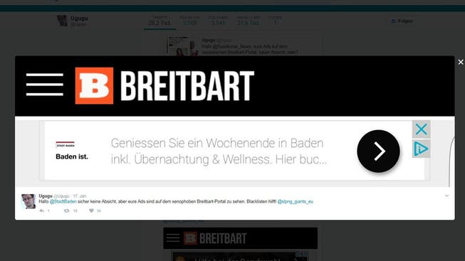 Der Screenshot zeigt den Werbebanner der Stadt Baden auf der ultrarechten, amerikanischen Nachrichten-Webseite.