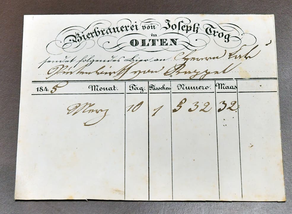 Lieferschein der Bierbrauerei Joseph Trog in Olten vom 10. März 1845 an den Pintenwirt Lack in Kappel