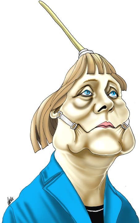 Merkel wird immer wieder Zielscheibe von Karikaturisten. Diese hier («Kohls Mädchen ist angekommen») stammt von AZ-Karikaturist Silvan Wegmann und erschien am 31. Mai 2005. Angela Merkel wuchs in der DDR auf und war daher wenig vertraut mit den Bräuchen der CDU und ihrer Schwesterpartei CSU. Ihren schnellen Quereinstieg verdankte sie hauptsächlich der Gunst des früheren Bundeskanzlers Helmut Kohl.