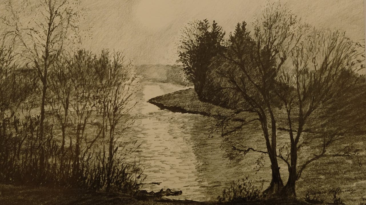 Die Limmat von der Engstringer Brücke gesehen, gezeichnet von Monica Hollenweger.