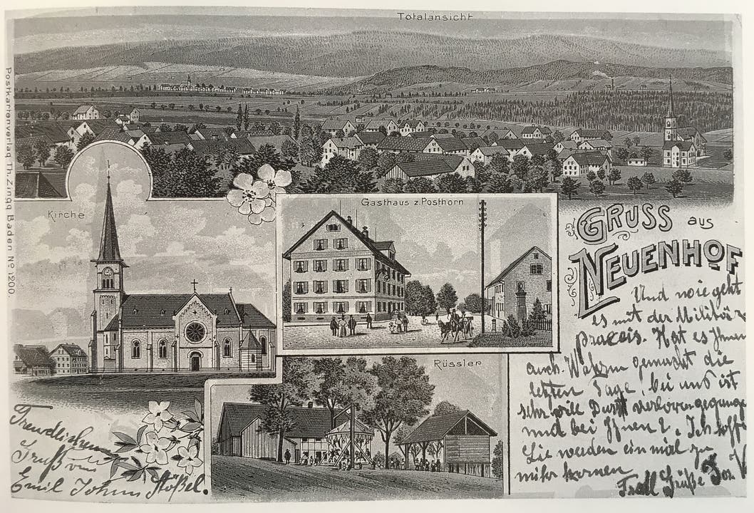 Neuenhof auf einer Postkarte von 1905 Das "Posthorn" ist damals neben der Kirche das markanteste Gebäude im Dorf. Rüsler schrieb man damals mit zwei s!