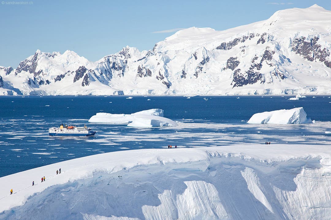 Antarktische Halbinsel - Landgang auf Gletscher - im Hintergrund MS Ocean Nova