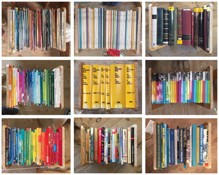 Die Büchermöbel bieten sie thematisch – Garten, Tiere, National Geographic – oder nach Farben – weiss, Farbverlauf, spektral – angeordnet an.