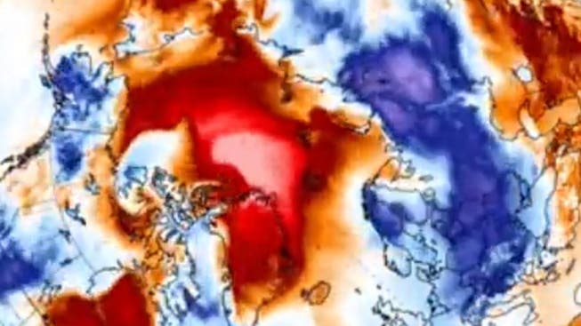 Die Karte zeigt die Klima-Anomalien. Über Europa (blaue Fläche, unten) ist es zu kalt, während die Arktis (rot) schon sommerliche Temperaturen erlebt.