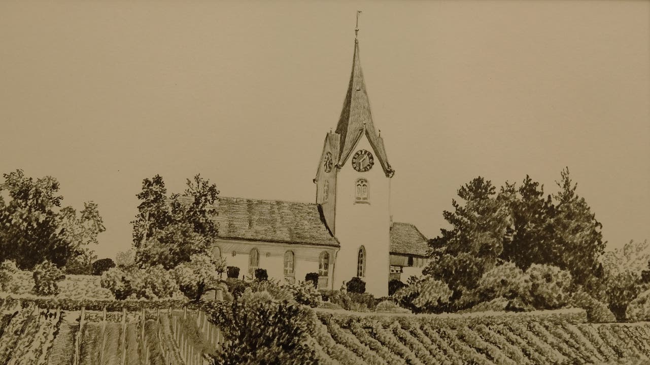 Die Höngger Kirche mit Rebberg, gezeichnet von Monica Hollenweger.