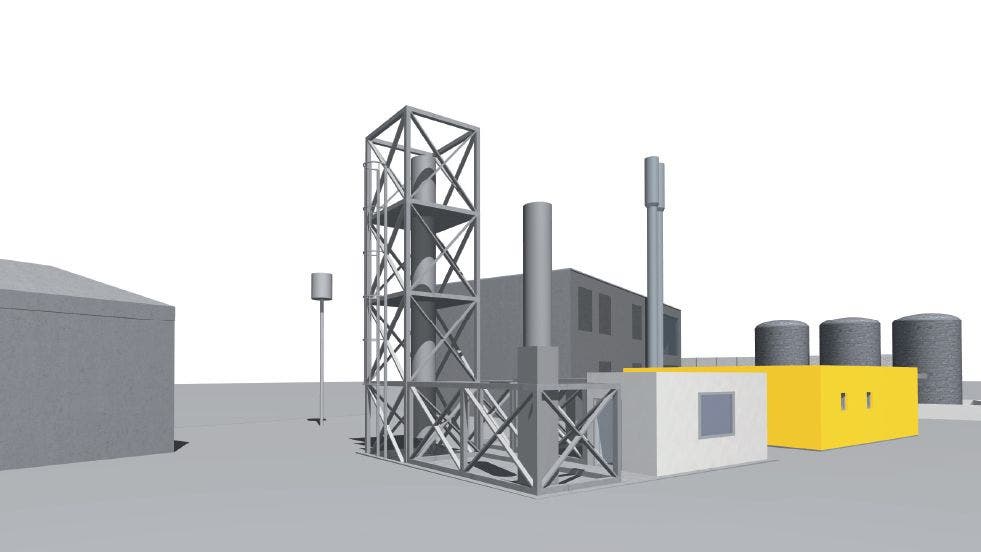 Visualisierung des neuen Werks zur Methanisierung in der Aarmatt: Im Vordergrund der zwölf Meter hohe Turm, rechts davon der Containerbau.