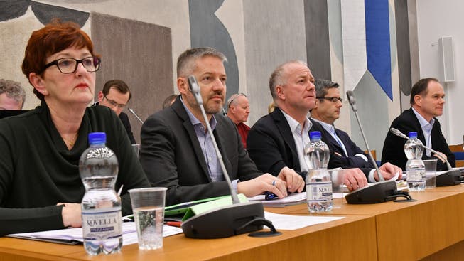 Der Oltner Stadtrat der Legislatur 2013 bis 2017 geschlossen im Gemeindeparlament: (v.l) Iris Schelbert, Thomas Marbet, Martin Wey, Benvenuto Savoldelli, Peter Schafer.