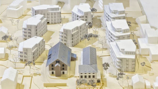 Rund 85 Wohnungen in acht Mehrfamilienhäusern sollen sich in wenigen Jahren zum «Steinhof»-Ensemble gesellen. Am hinteren Rand des Modells zeichnet sich bereits die geplante Überbauung «Im Grund» mit weiteren rund 80 Wohnungen ab. (Modellfoto/zvg)