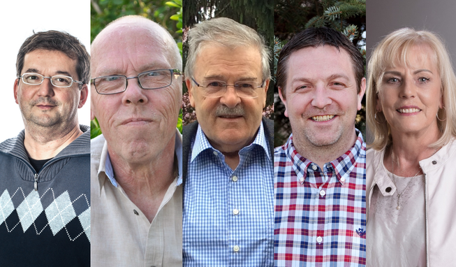 V.l.n.r.: Martin Bühler (SP), definitiver Kandidat; Dieter Altherr (SVP, Walter Hürst (FDP), Reto Vogt (parteilos), mögliche Kandidaten; Silvia Lehmann (CVP) keine Kandidatin.
