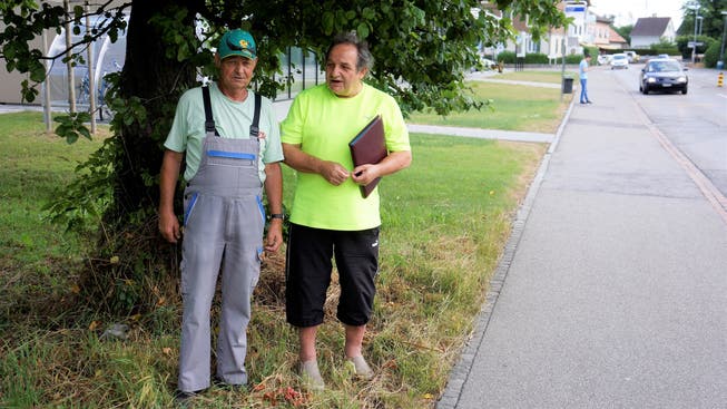 Rudolf Letzkus (links) und Markus Bur ärgern sich, dass der Kanton ihr Landwirtschaftsland für eine Bushaltestelle braucht und den Baum fällen wird. Im Plan unten sind bereits die beiden neuen Bäume (links) ausgewachsen eingezeichnet.