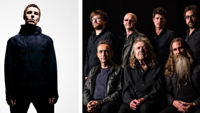 Zwei Briten, die jeder für sich mit seinen Songs eine Generation geprägt haben: Liam Gallagher (Oasis, links) und Robert Plant (Led Zeppelin, vorne Mitte).