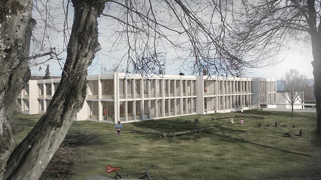 Die Visualisierung des Neubaus Schulhaus Einschlag zeigt die modulare Bauweise deutlich.