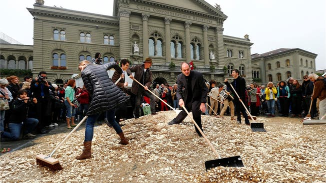 Acht Millionen Fünfrappen-Stücke auf dem Bundesplatz: Künstler Enno Schmidt (rechts) propagiert die «Generation Grundeinkommen».