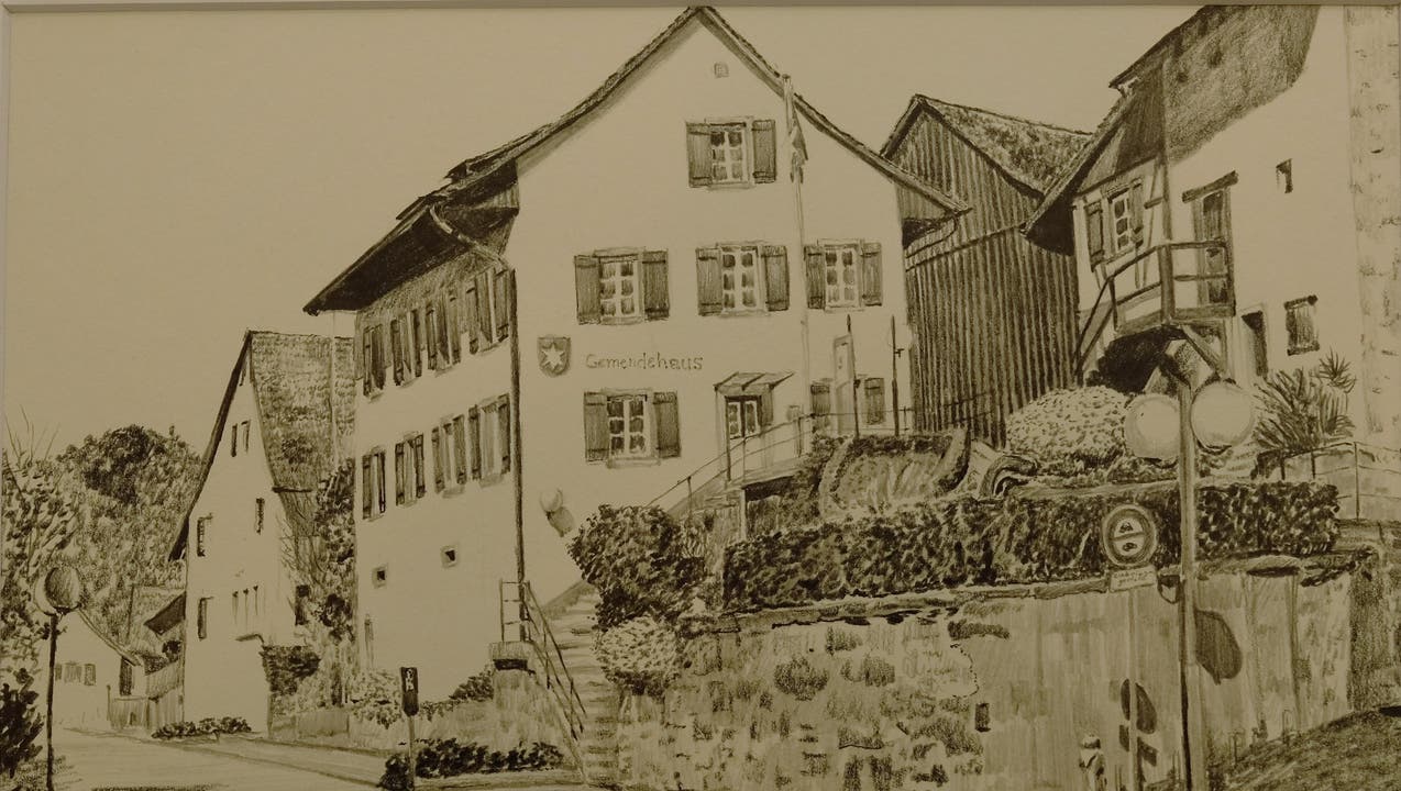 Das Oetwiler Gemeindehaus, gezeichnet von Monica Hollenweger.
