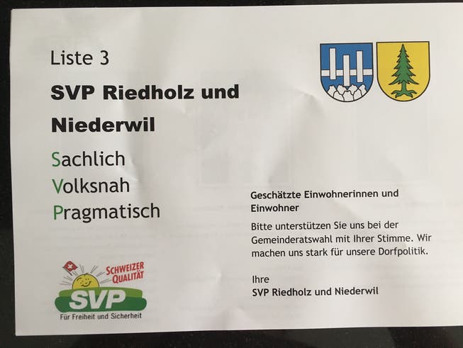 Der Wahlflyer der SVP Riedholz und Niederwil.