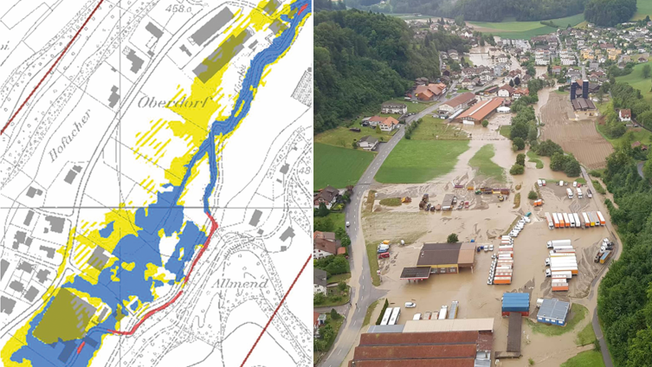 Gefahrenkarte und tatsächliche Überschwemmung am Beispiel der Gemeinde Uerkheim.