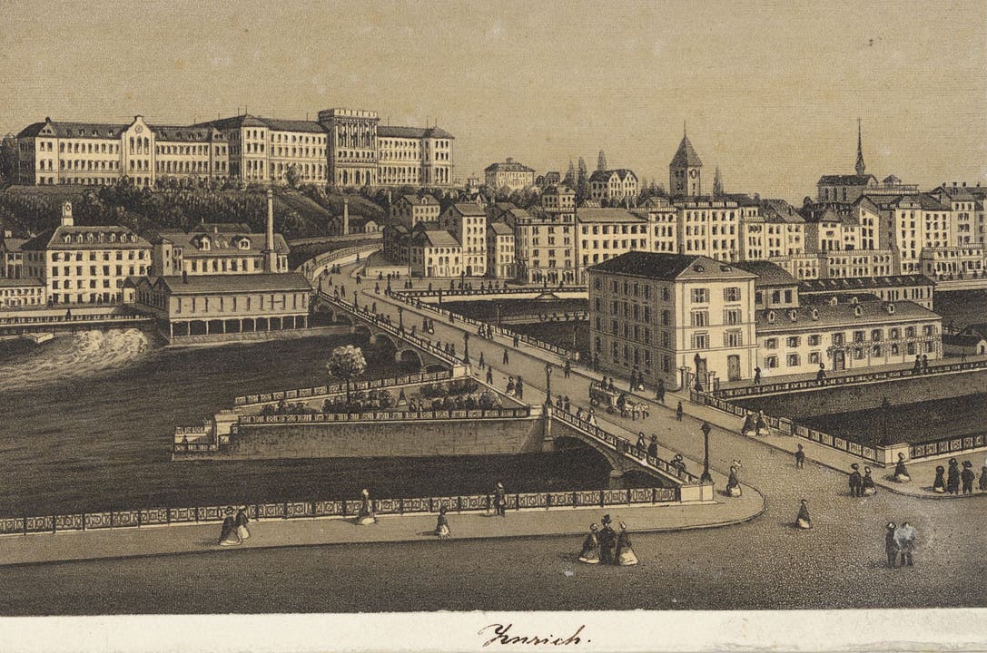 Das Gebiet um die Bahnnhofbrücke war früher stärker bebaut. Das Bild entstand zwischen 1870 und 1900.
